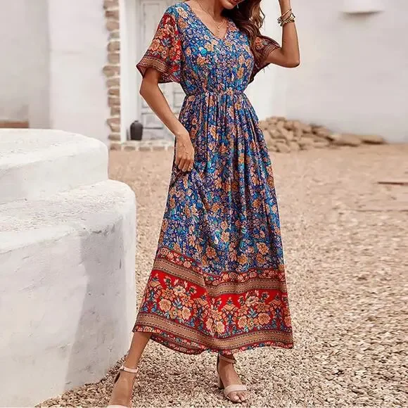 Blue Maxi Dress  Medium Colorful Floral Pretty Garden Boho Easter - Picture 2 of 9